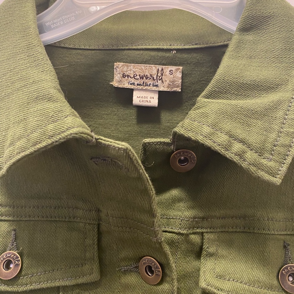 Women’s Cropped Denim Jacket One World Army Green - Picture 3 of 5